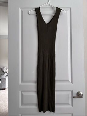 Ribbed V-Neck Midi Dress in Olive Green